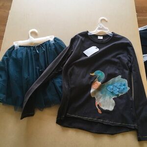 Zara girls 13-14 Duck Print Long Sleeve Shirt and Teal Skirt Set